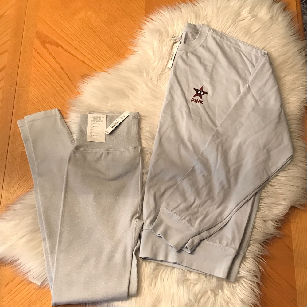 PINK Victoria's Secret Shimmer Leggings and Long Sleeve Tee in Light Gray